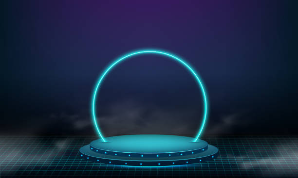 abstract technology cylinder pedestal podium. sci-fi dark empty room concept with circle glowing neon lighting. product display presentation. futuristic wall scene. - 平台门户 幅插畫檔、美工圖案、卡通及圖標